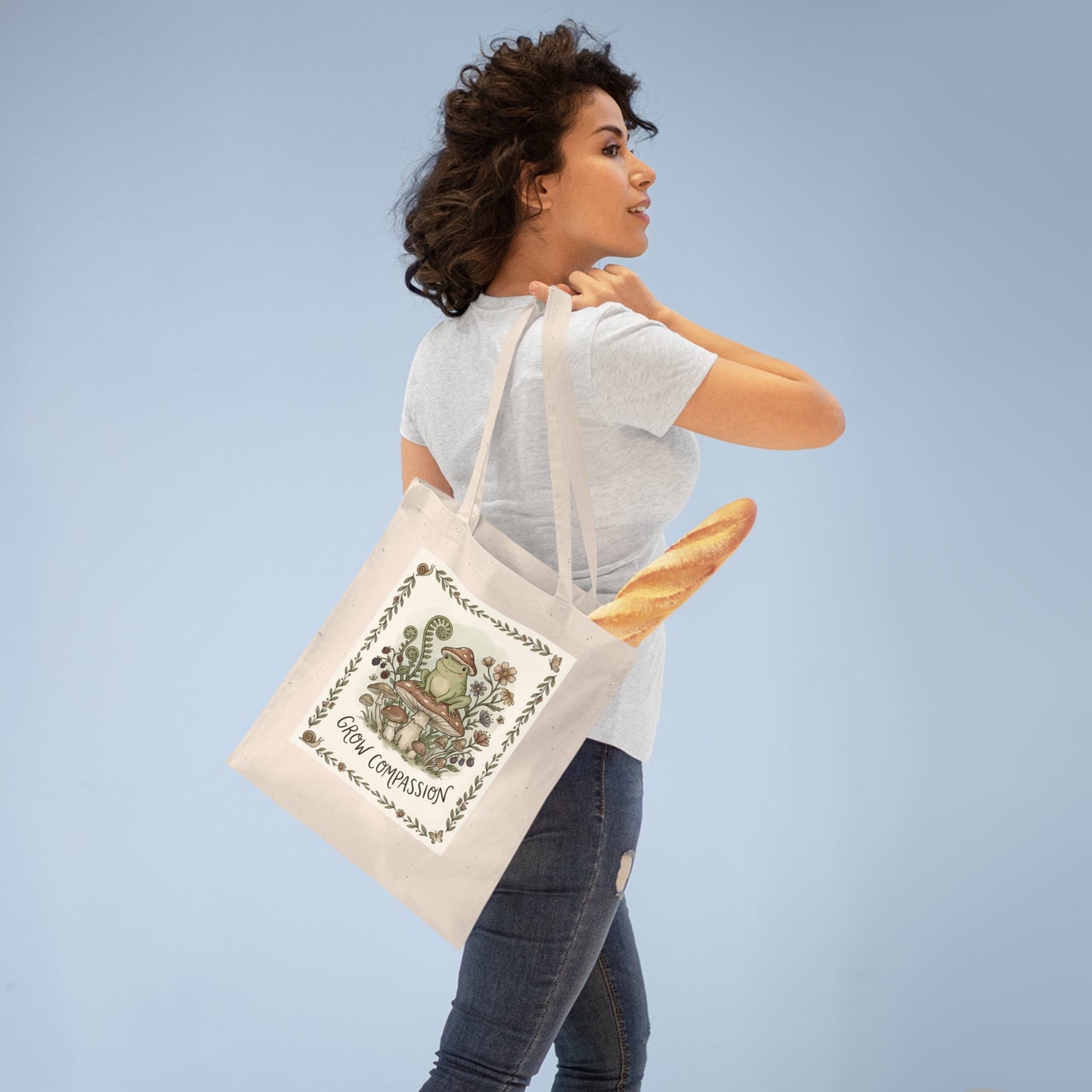 Grow Compassion Tote Bag — Whimsical Frog Mushroom Eco Shopper - PrintsyNook