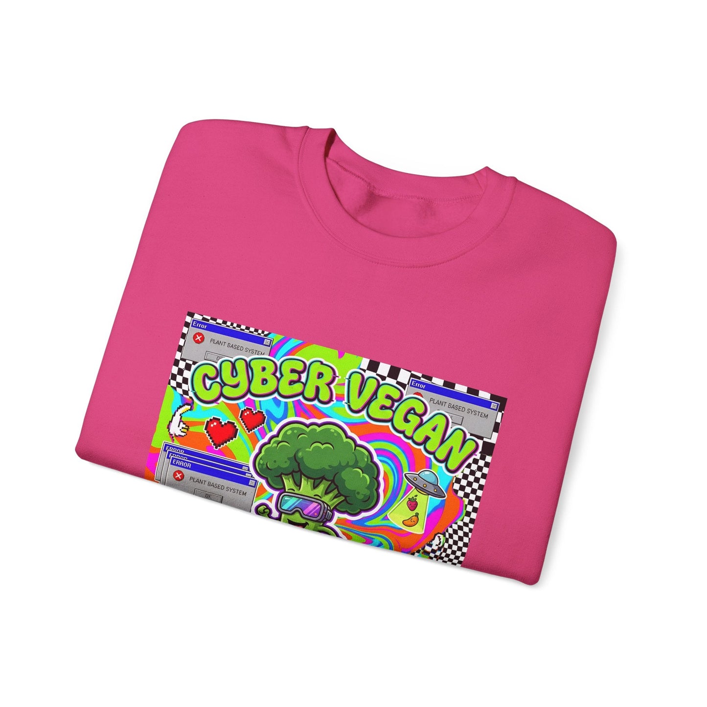 Crewneck Sweatshirt — Cyber Vegan “Future Is Green” Retro Neon Broccoli Graphic - PrintsyNook