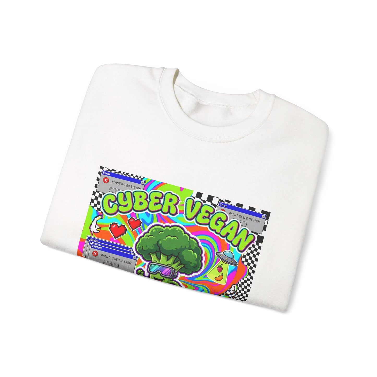 Crewneck Sweatshirt — Cyber Vegan “Future Is Green” Retro Neon Broccoli Graphic - PrintsyNook