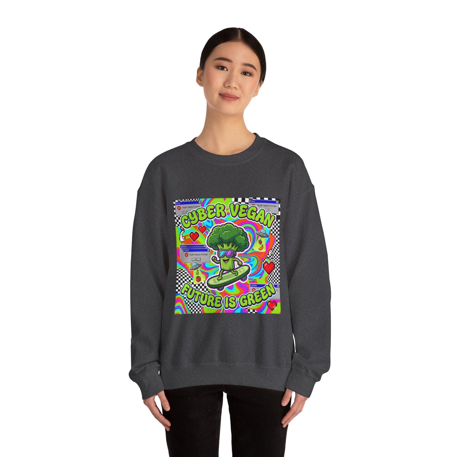 Crewneck Sweatshirt — Cyber Vegan “Future Is Green” Retro Neon Broccoli Graphic - PrintsyNook