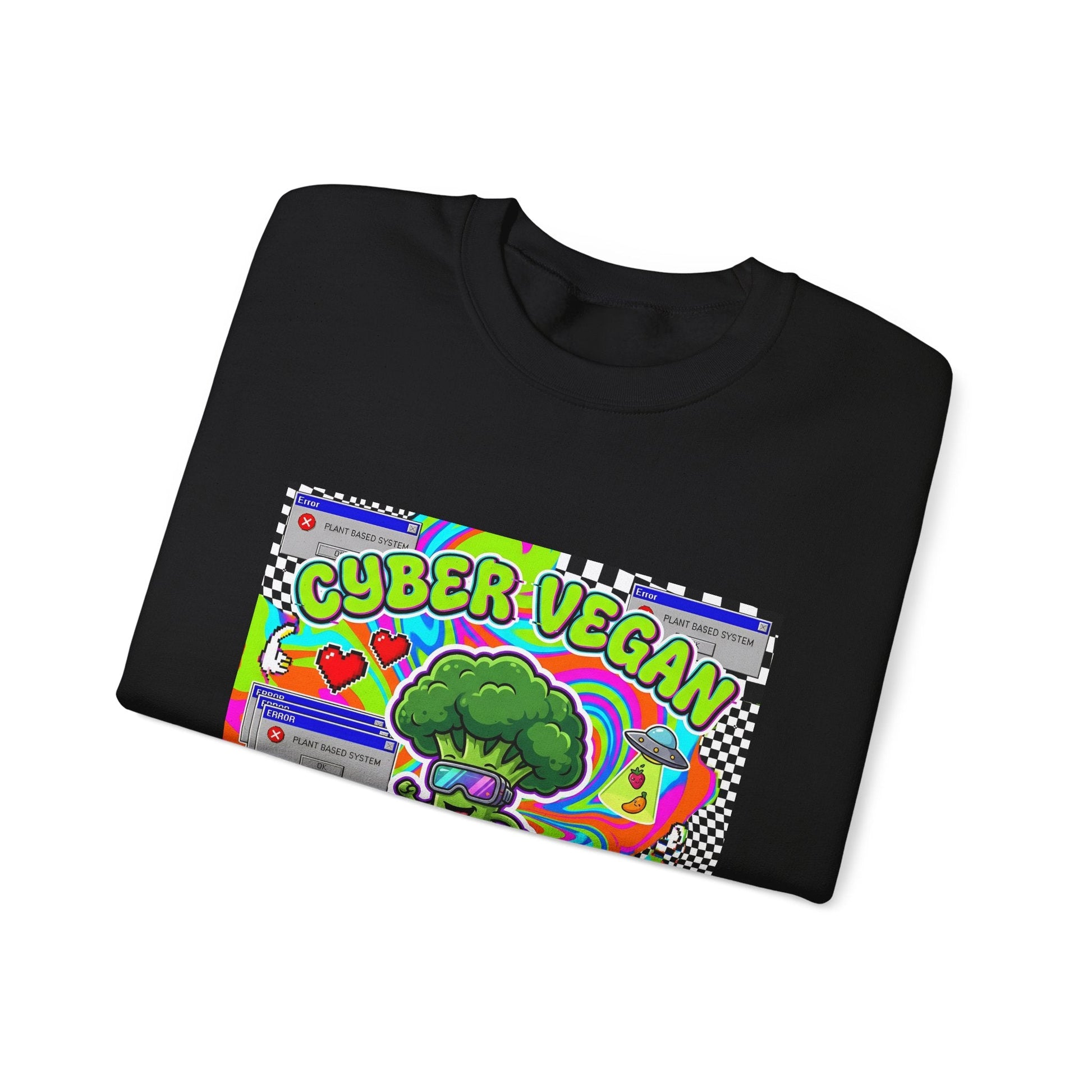 Crewneck Sweatshirt — Cyber Vegan “Future Is Green” Retro Neon Broccoli Graphic - PrintsyNook