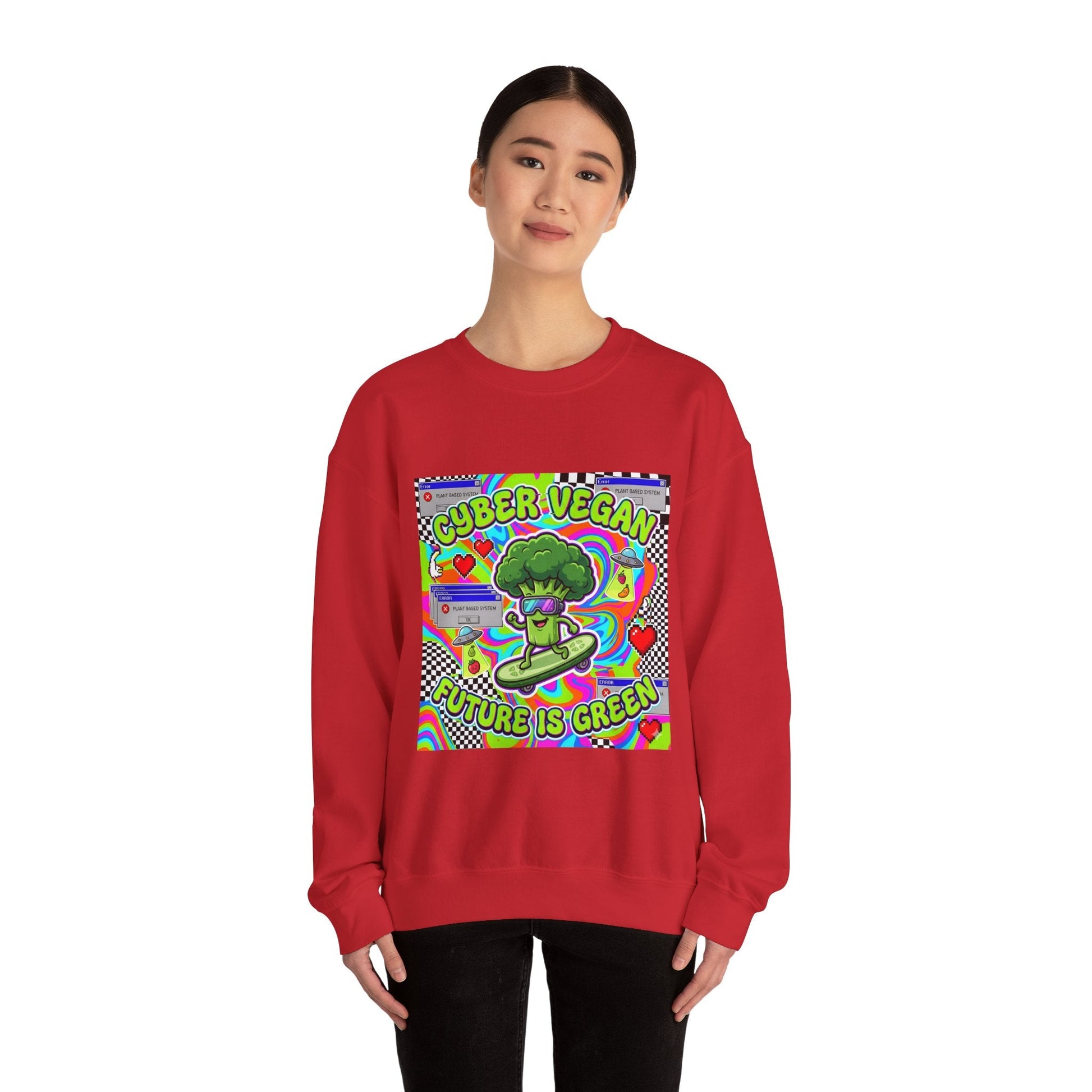 Crewneck Sweatshirt — Cyber Vegan “Future Is Green” Retro Neon Broccoli Graphic - PrintsyNook