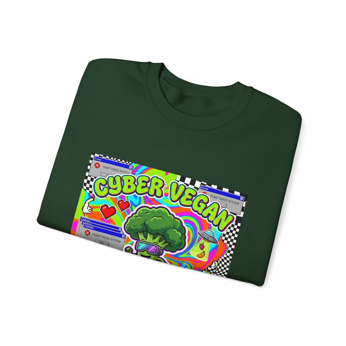 Crewneck Sweatshirt — Cyber Vegan “Future Is Green” Retro Neon Broccoli Graphic - PrintsyNook
