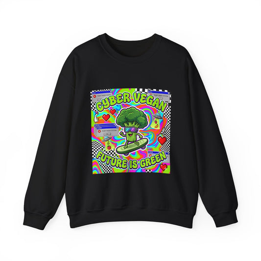Crewneck Sweatshirt — Cyber Vegan “Future Is Green” Retro Neon Broccoli Graphic - PrintsyNook