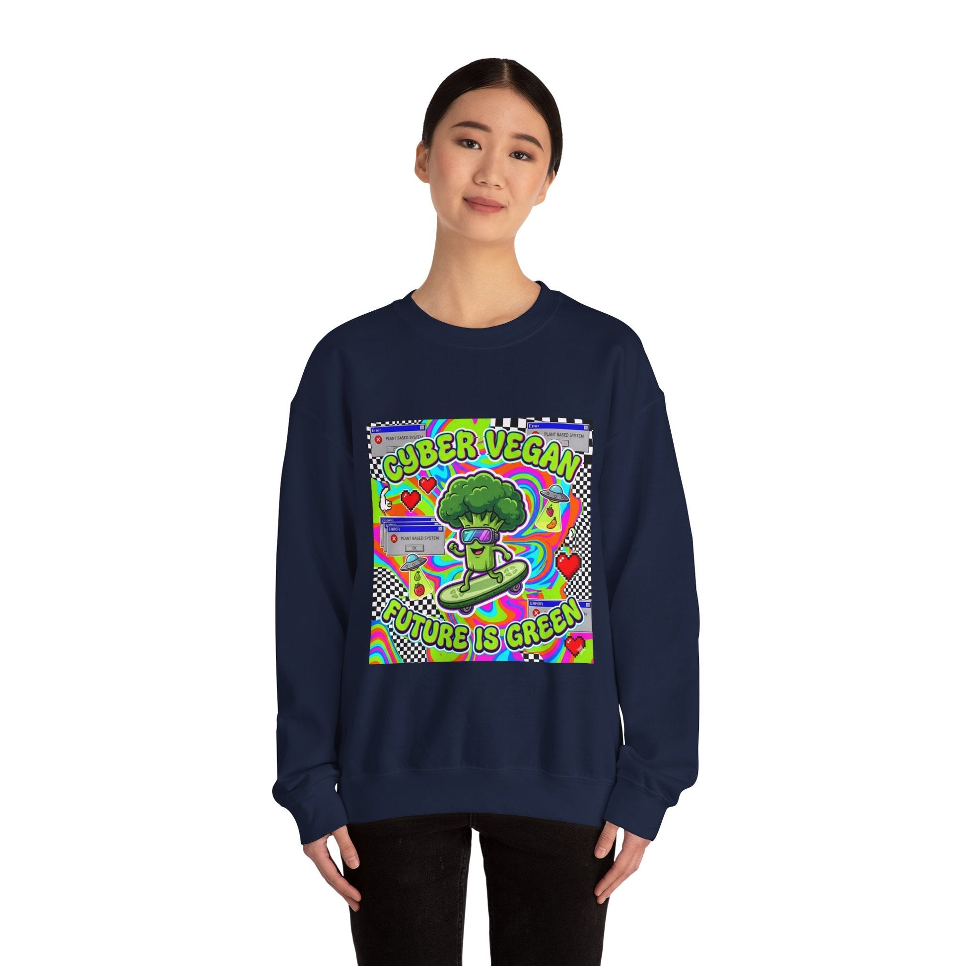 Crewneck Sweatshirt — Cyber Vegan “Future Is Green” Retro Neon Broccoli Graphic - PrintsyNook