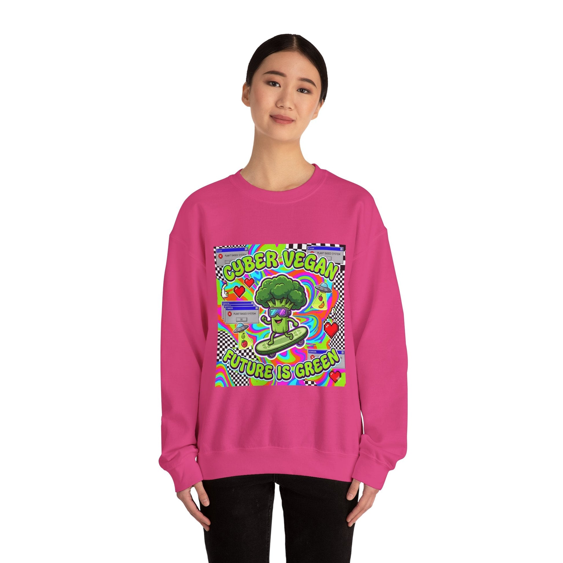 Crewneck Sweatshirt — Cyber Vegan “Future Is Green” Retro Neon Broccoli Graphic - PrintsyNook