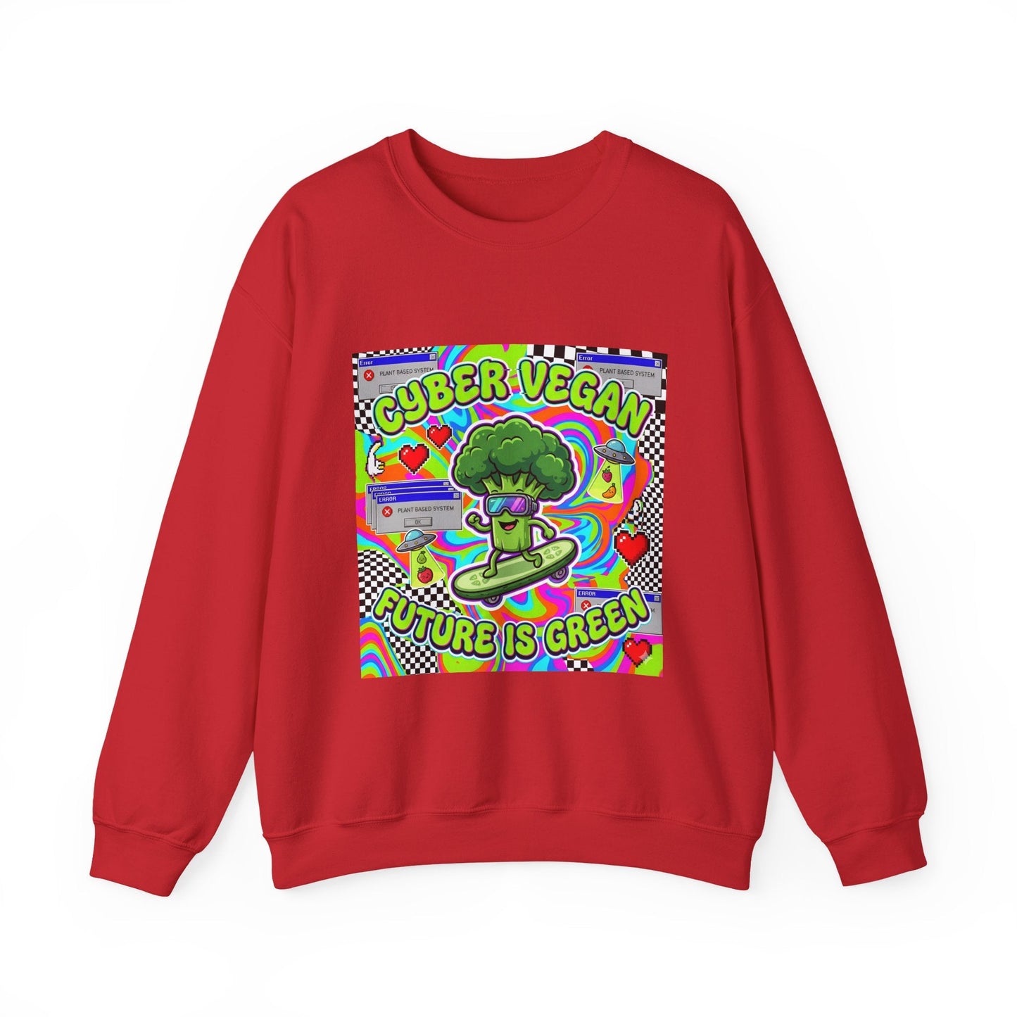 Crewneck Sweatshirt — Cyber Vegan “Future Is Green” Retro Neon Broccoli Graphic - PrintsyNook