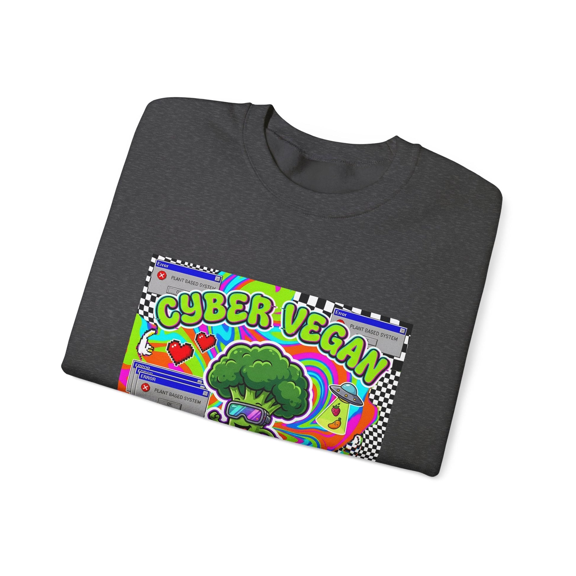 Crewneck Sweatshirt — Cyber Vegan “Future Is Green” Retro Neon Broccoli Graphic - PrintsyNook