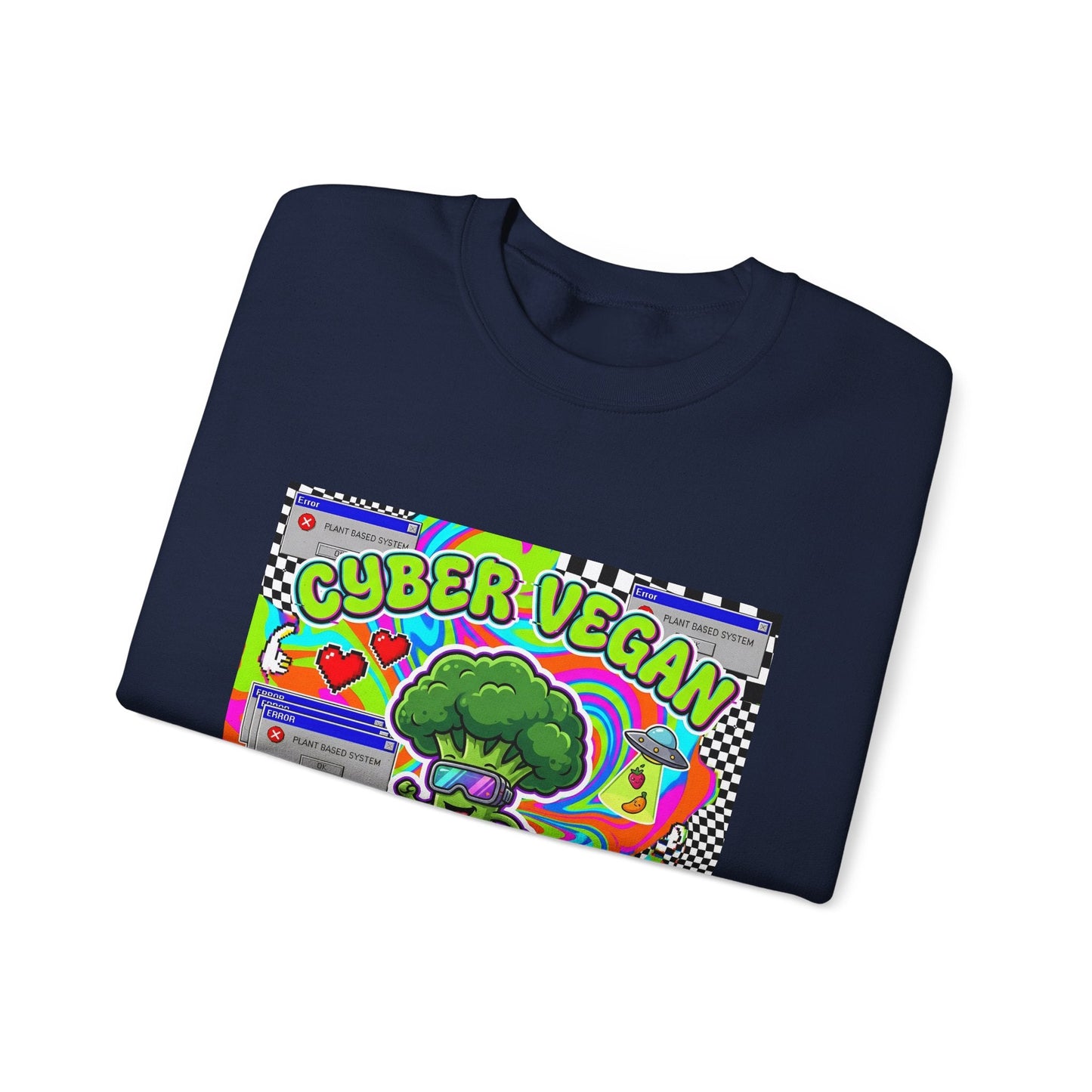Crewneck Sweatshirt — Cyber Vegan “Future Is Green” Retro Neon Broccoli Graphic - PrintsyNook