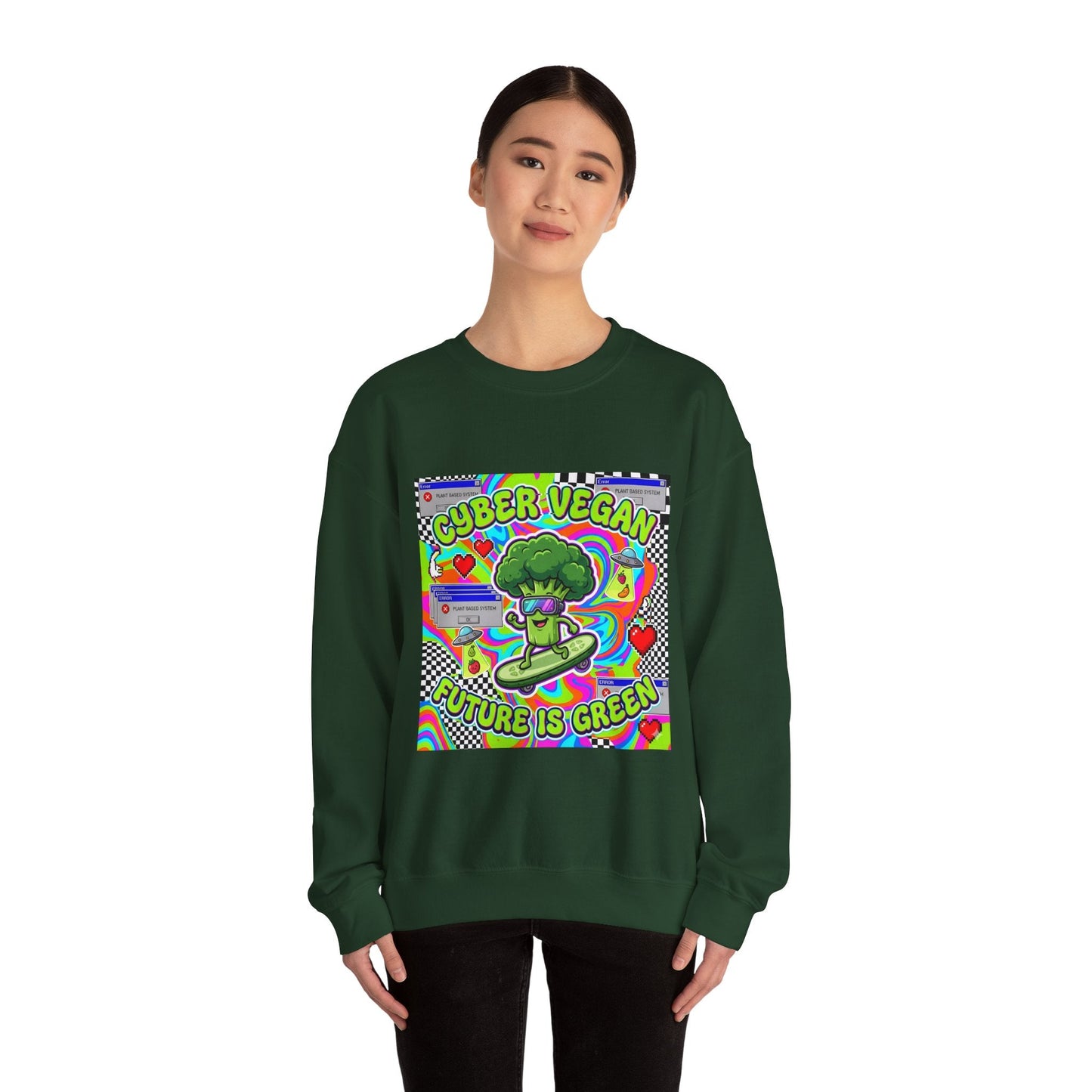 Crewneck Sweatshirt — Cyber Vegan “Future Is Green” Retro Neon Broccoli Graphic - PrintsyNook