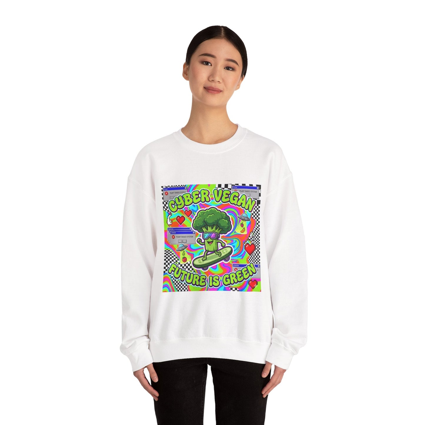 Crewneck Sweatshirt — Cyber Vegan “Future Is Green” Retro Neon Broccoli Graphic - PrintsyNook