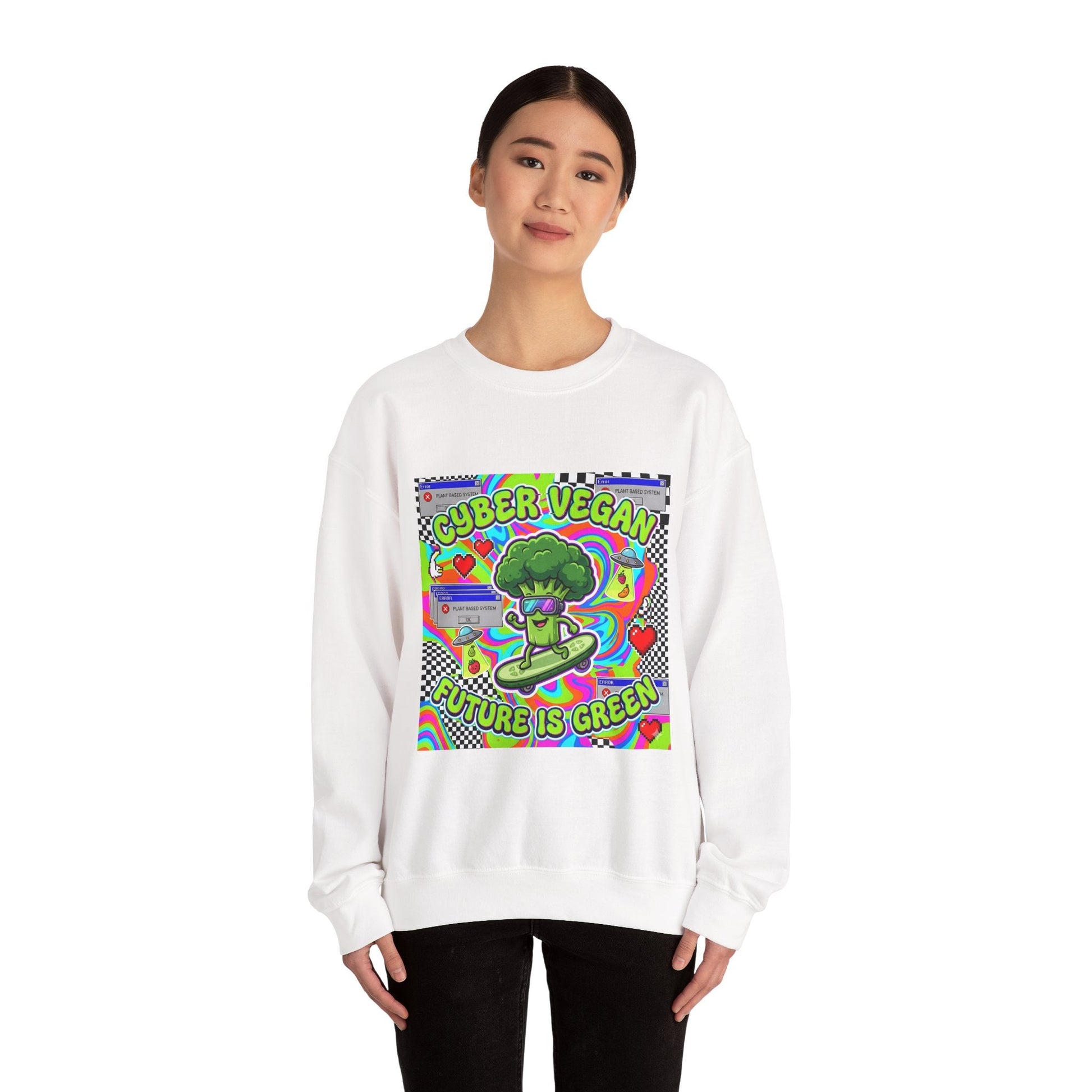 Crewneck Sweatshirt — Cyber Vegan “Future Is Green” Retro Neon Broccoli Graphic - PrintsyNook