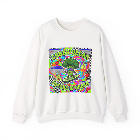Crewneck Sweatshirt — Cyber Vegan “Future Is Green” Retro Neon Broccoli Graphic - PrintsyNook