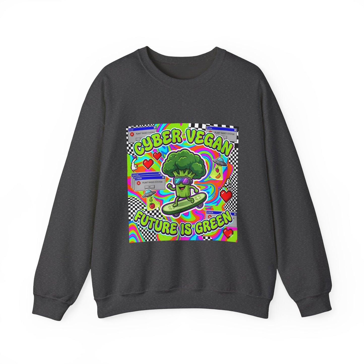 Crewneck Sweatshirt — Cyber Vegan “Future Is Green” Retro Neon Broccoli Graphic - PrintsyNook
