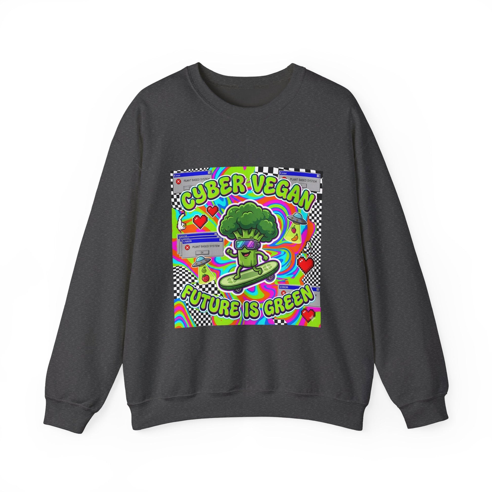 Crewneck Sweatshirt — Cyber Vegan “Future Is Green” Retro Neon Broccoli Graphic - PrintsyNook