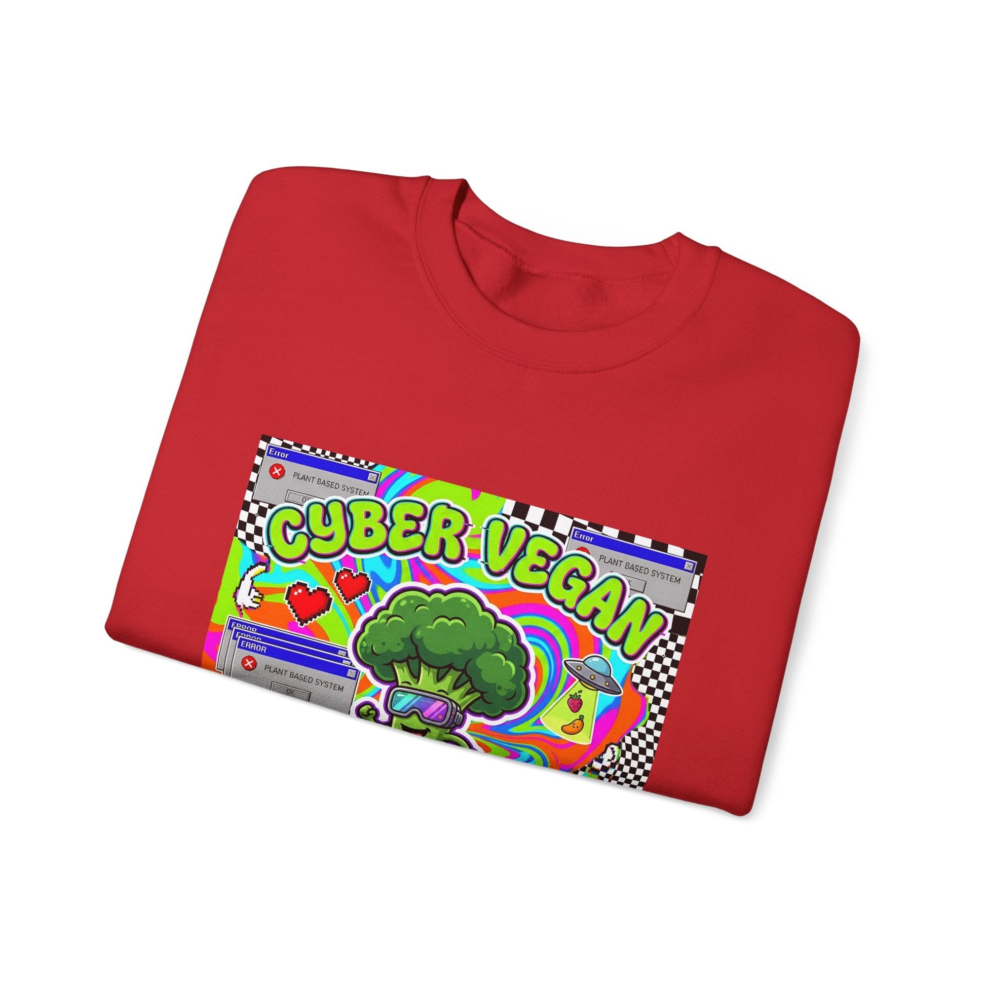 Crewneck Sweatshirt — Cyber Vegan “Future Is Green” Retro Neon Broccoli Graphic - PrintsyNook
