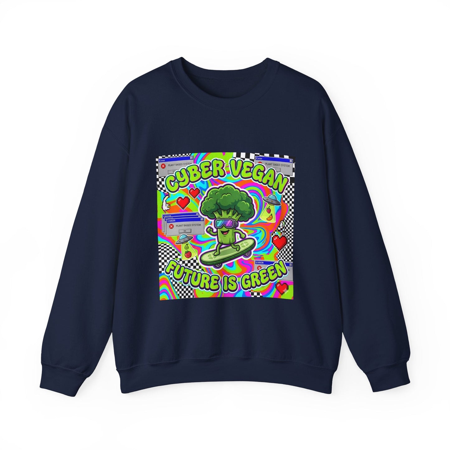 Crewneck Sweatshirt — Cyber Vegan “Future Is Green” Retro Neon Broccoli Graphic - PrintsyNook