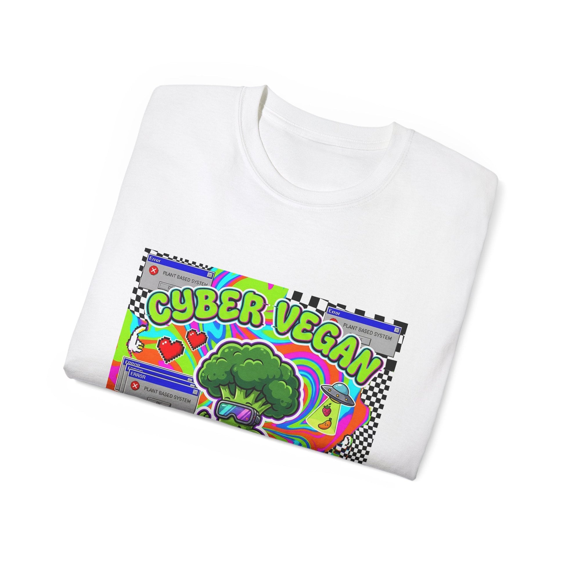 Cyber Vegan Tee — "Future Is Green" Neon Broccoli Skate Graphic - PrintsyNook