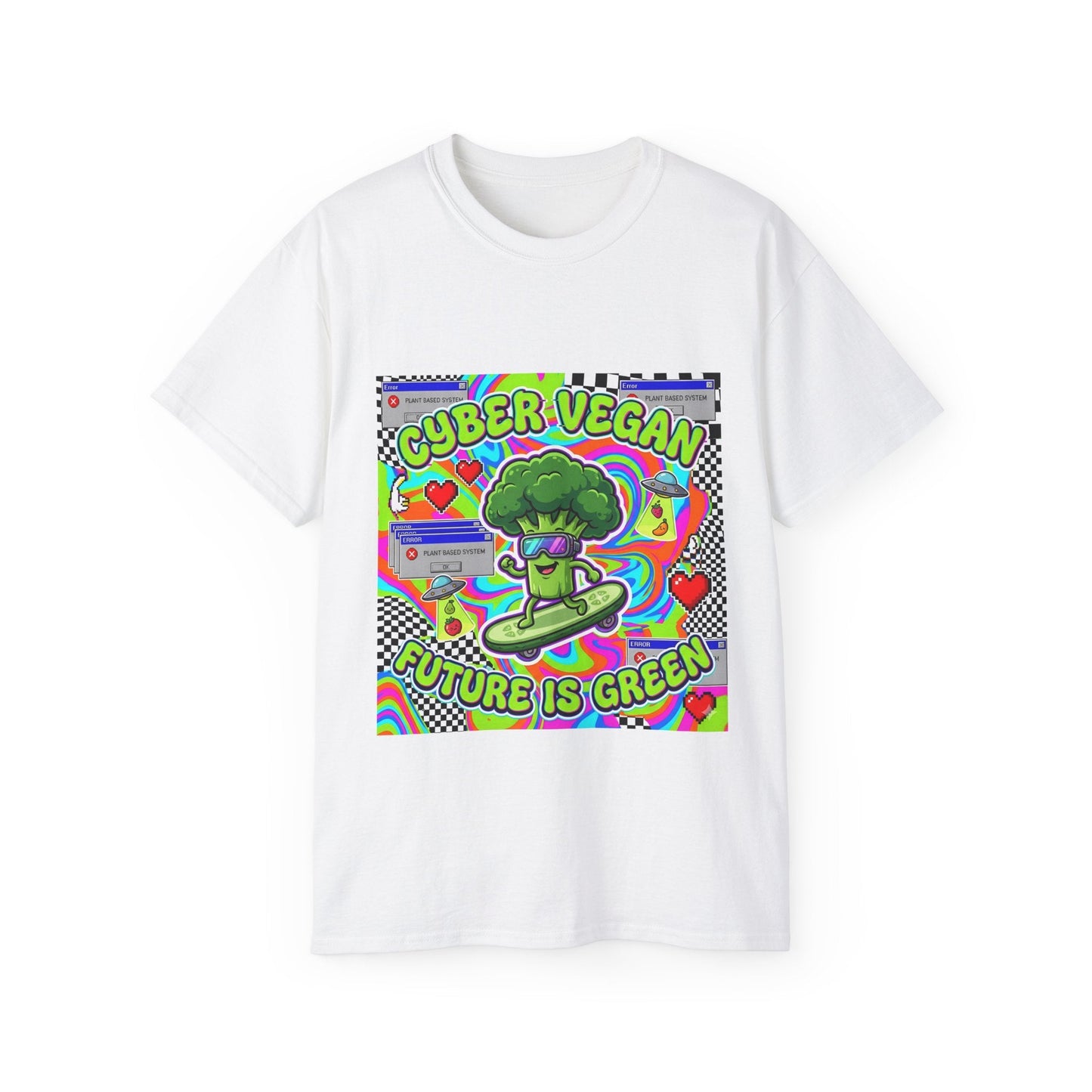 Cyber Vegan Tee — "Future Is Green" Neon Broccoli Skate Graphic - PrintsyNook