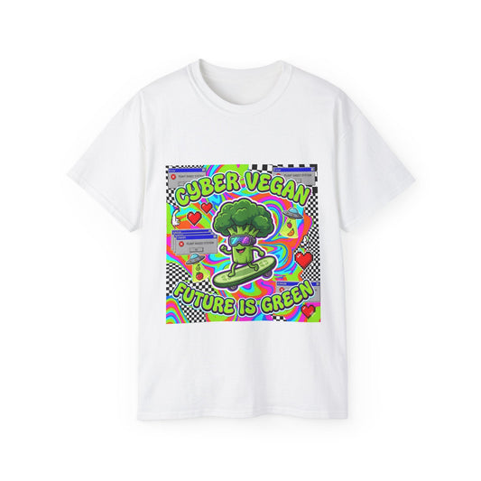 Cyber Vegan Tee — "Future Is Green" Neon Broccoli Skate Graphic - PrintsyNook