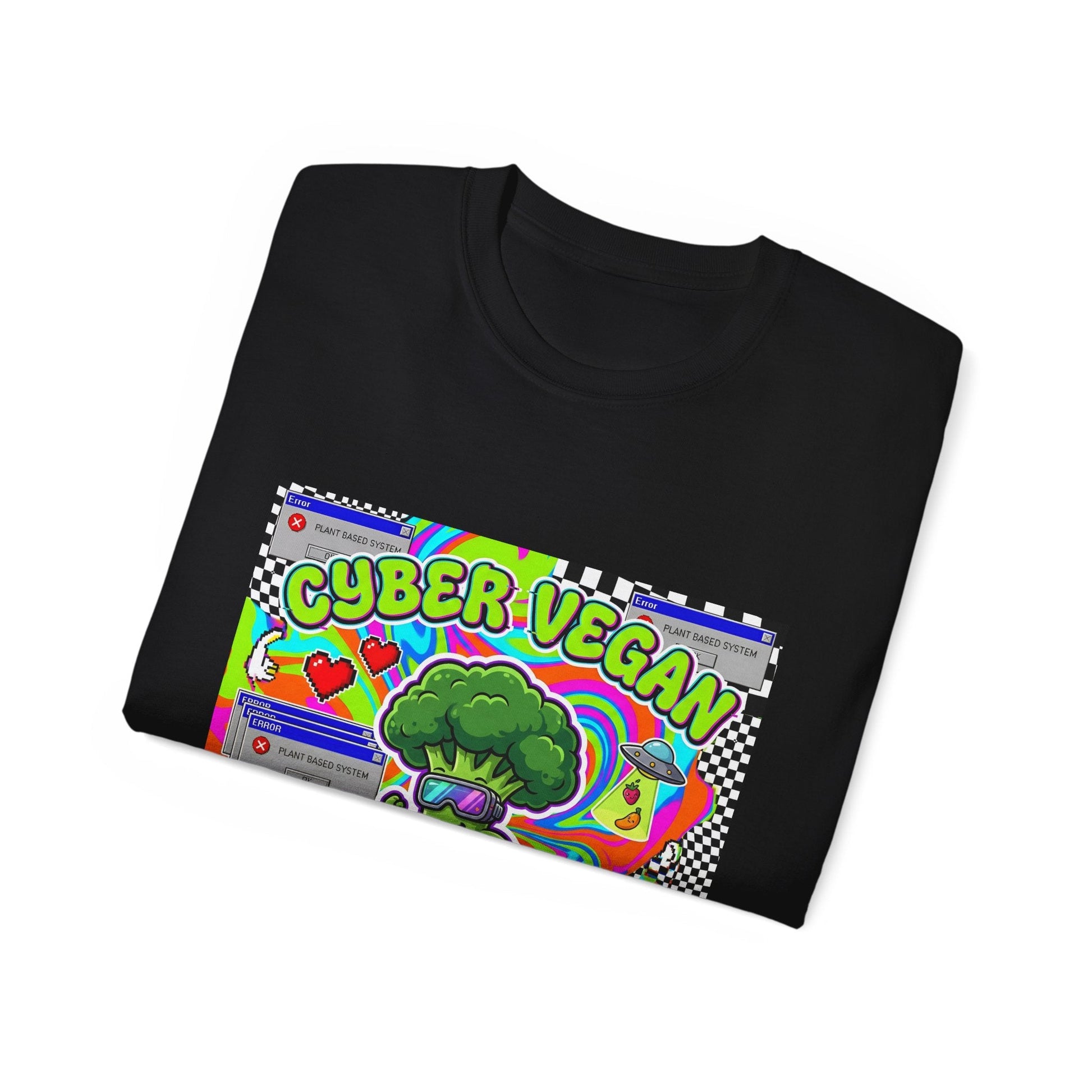 Cyber Vegan Tee — "Future Is Green" Neon Broccoli Skate Graphic - PrintsyNook