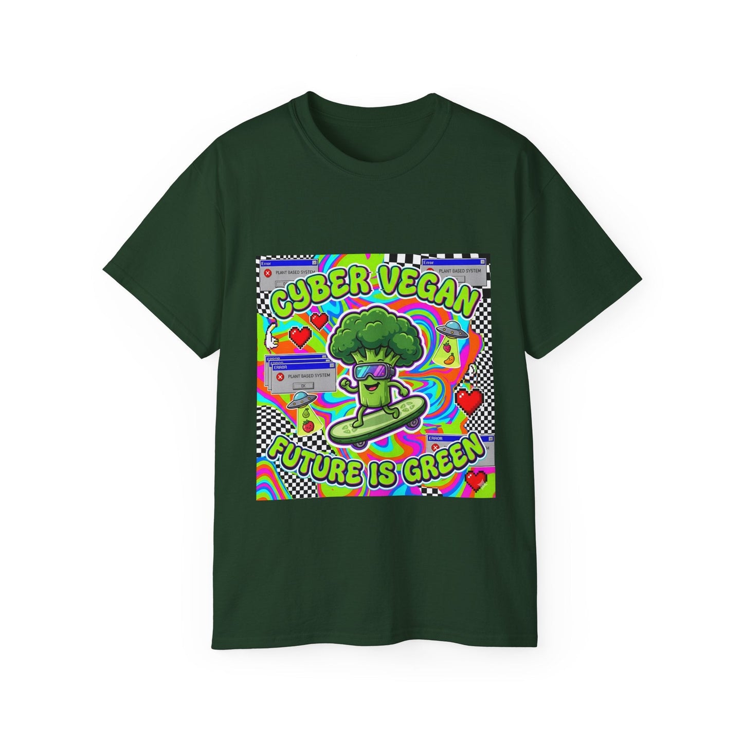 Cyber Vegan Tee — "Future Is Green" Neon Broccoli Skate Graphic - PrintsyNook