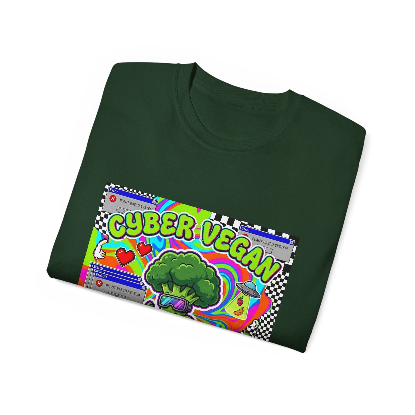 Cyber Vegan Tee — "Future Is Green" Neon Broccoli Skate Graphic - PrintsyNook