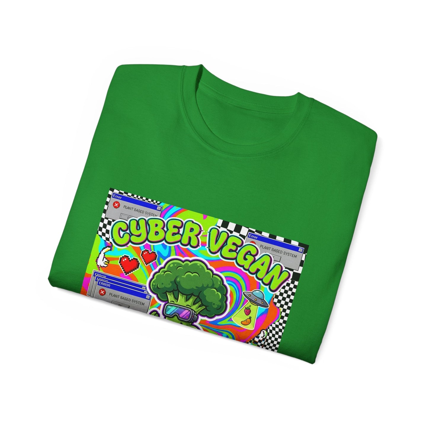 Cyber Vegan Tee — "Future Is Green" Neon Broccoli Skate Graphic - PrintsyNook