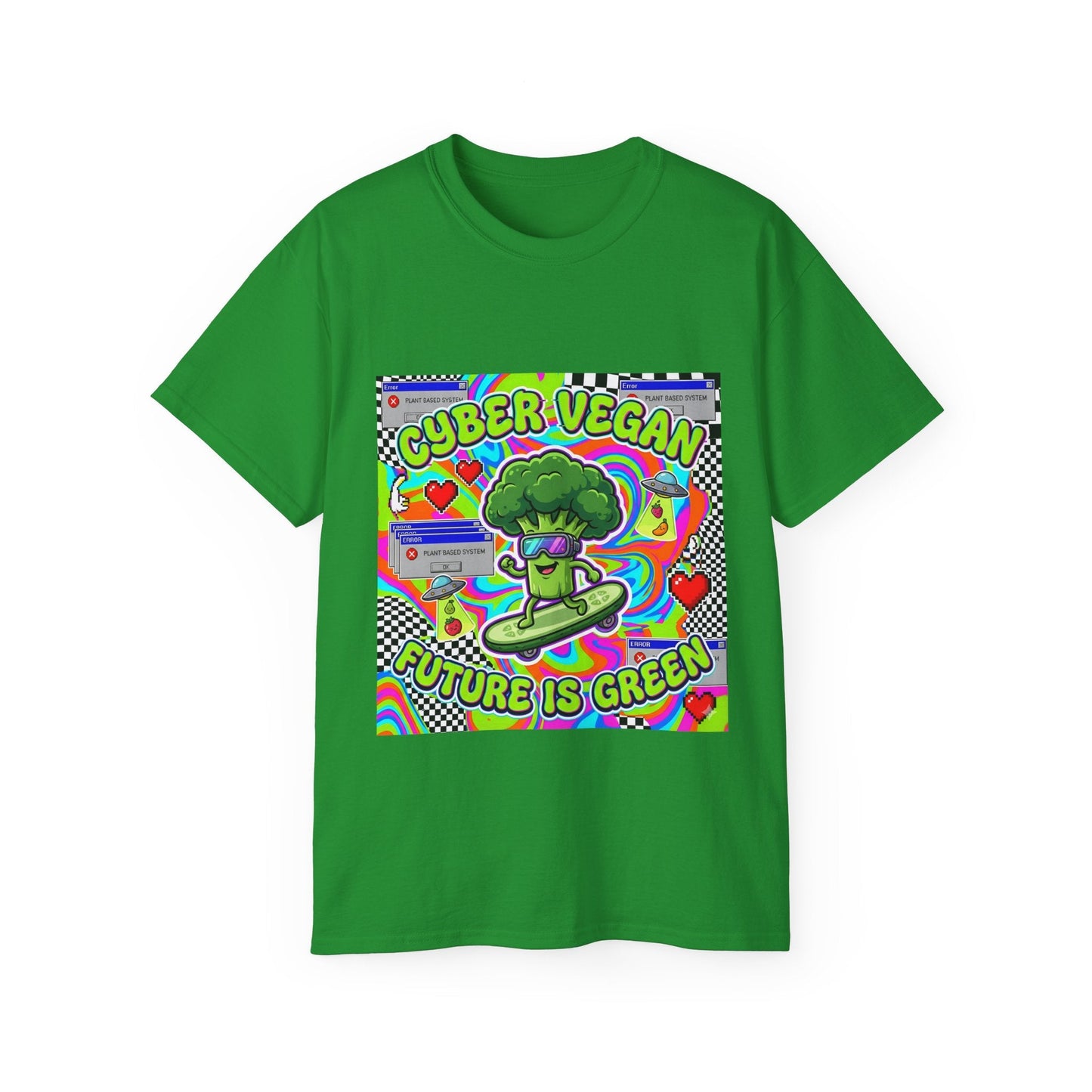Cyber Vegan Tee — "Future Is Green" Neon Broccoli Skate Graphic - PrintsyNook