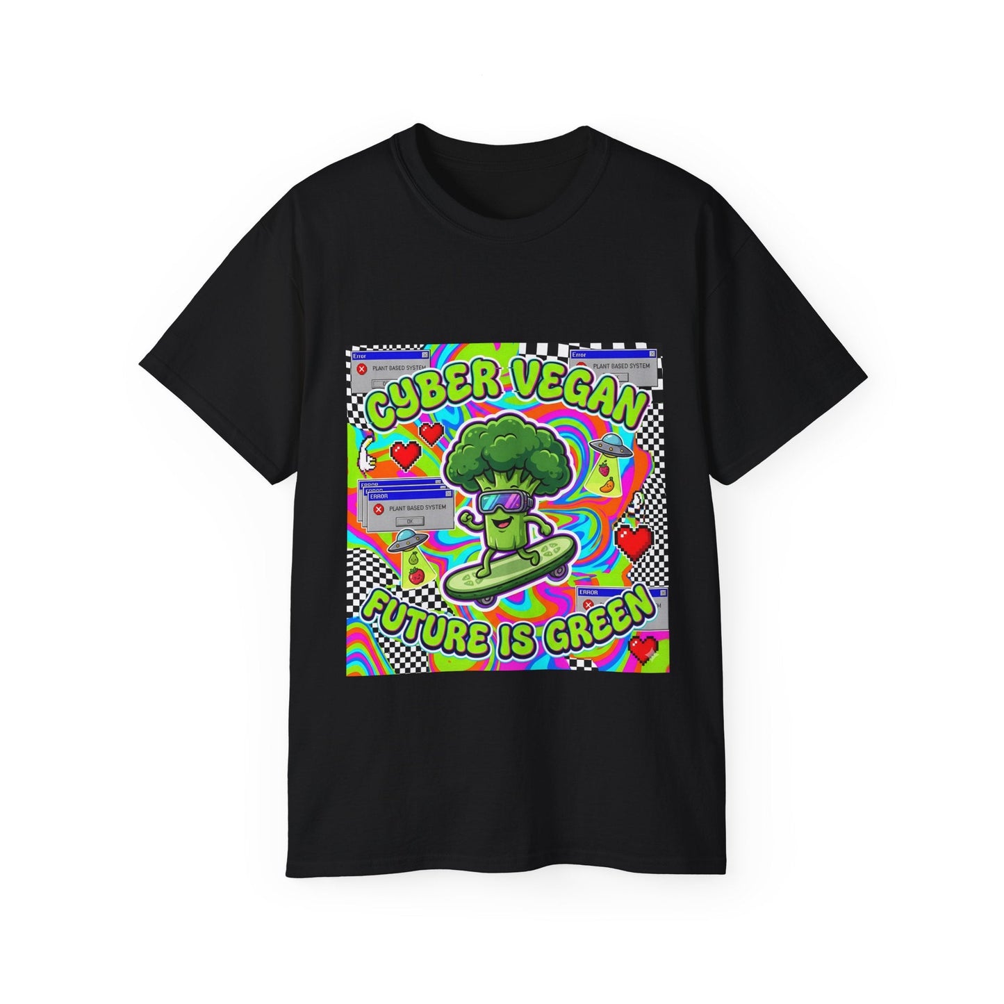 Cyber Vegan Tee — "Future Is Green" Neon Broccoli Skate Graphic - PrintsyNook
