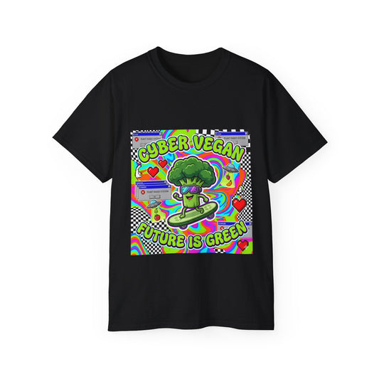 Cyber Vegan Tee — "Future Is Green" Neon Broccoli Skate Graphic - PrintsyNook