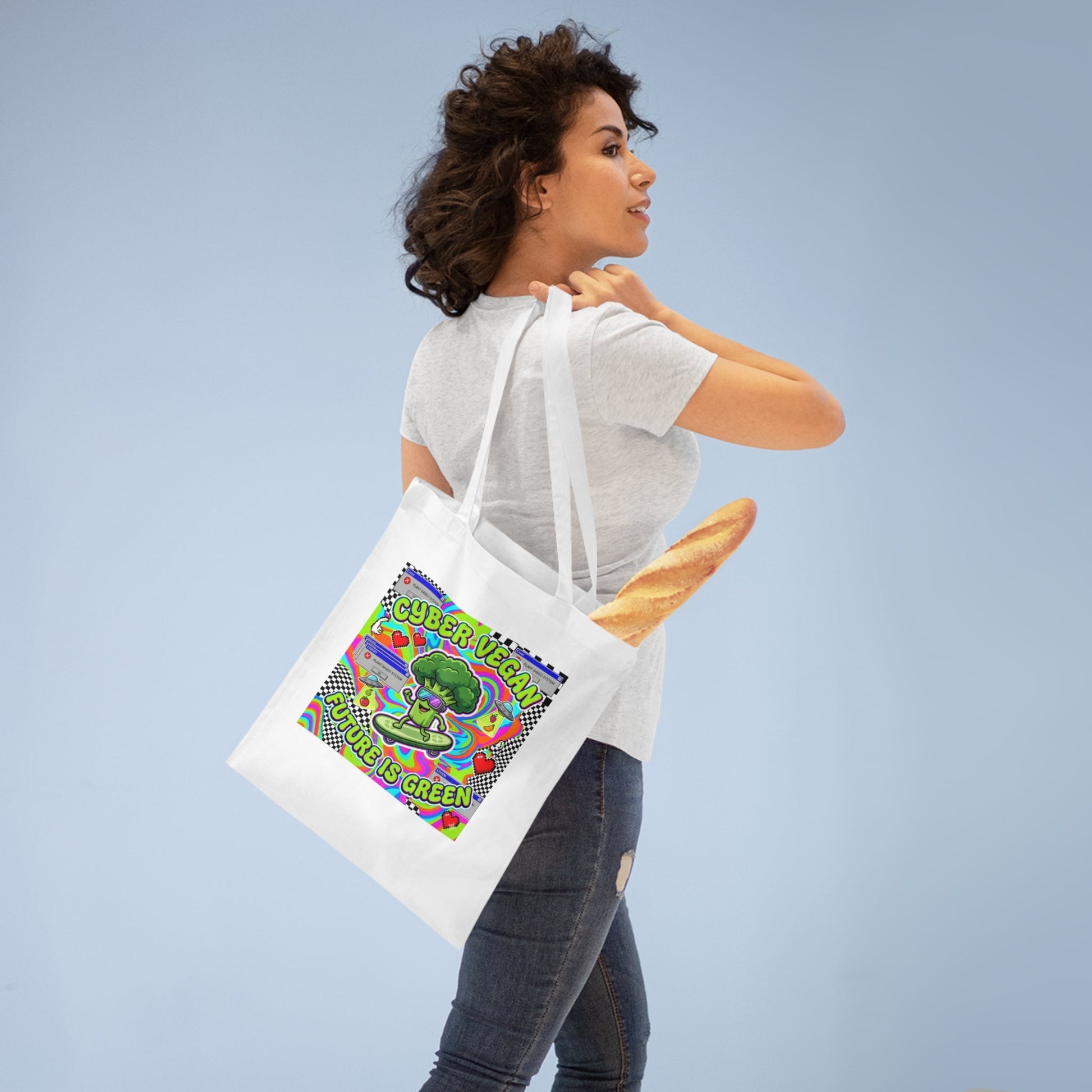 Cyber Vegan Tote Bag — 'Future Is Green' Retro Neon Broccoli Reusable Grocery Bag - PrintsyNook