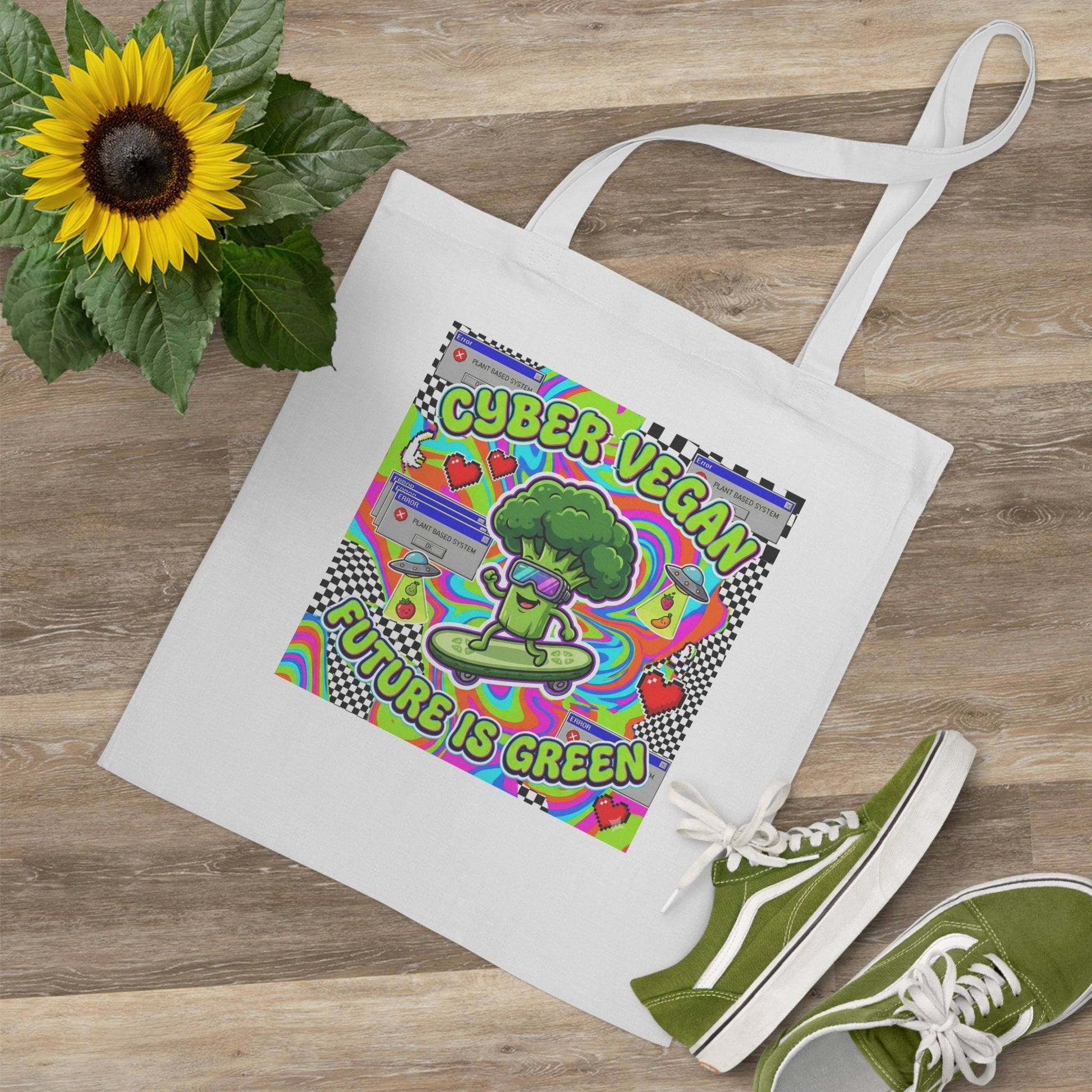 Cyber Vegan Tote Bag — 'Future Is Green' Retro Neon Broccoli Reusable Grocery Bag - PrintsyNook