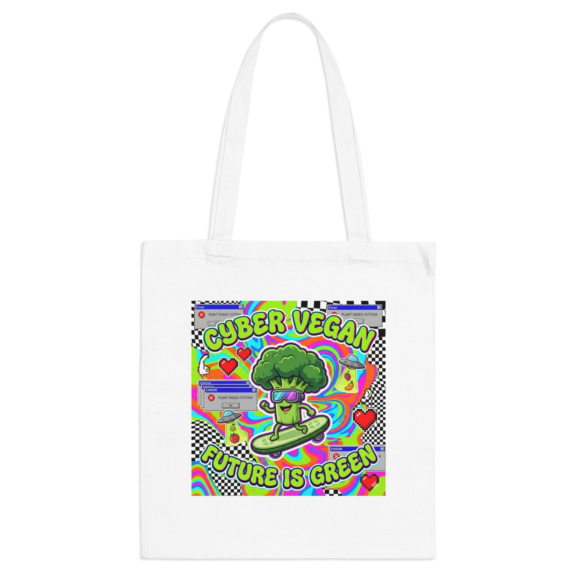 Cyber Vegan Tote Bag — 'Future Is Green' Retro Neon Broccoli Reusable Grocery Bag - PrintsyNook