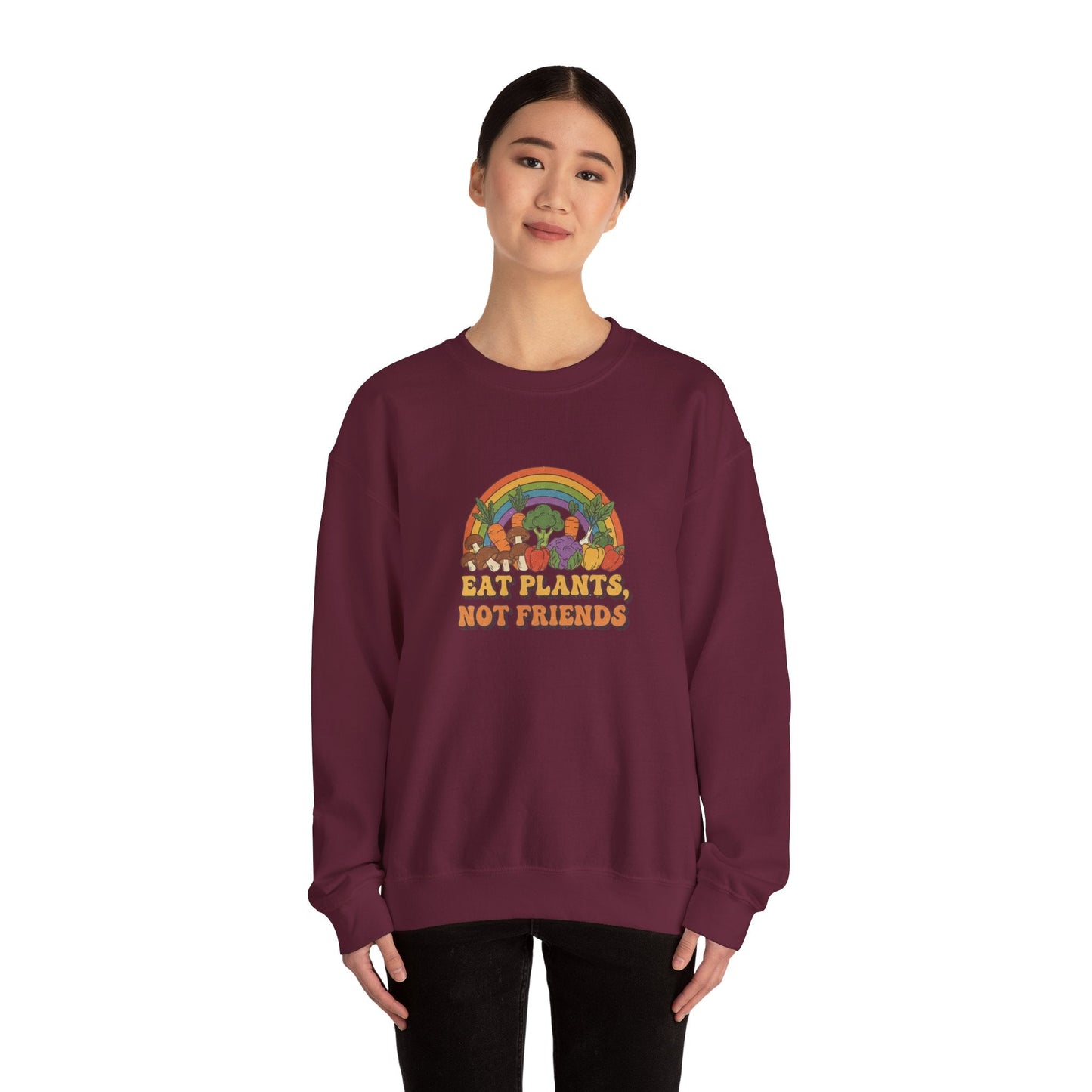 Eat Plants Not Friends Sweatshirt - Retro Rainbow Vegan Crewneck - PrintsyNook
