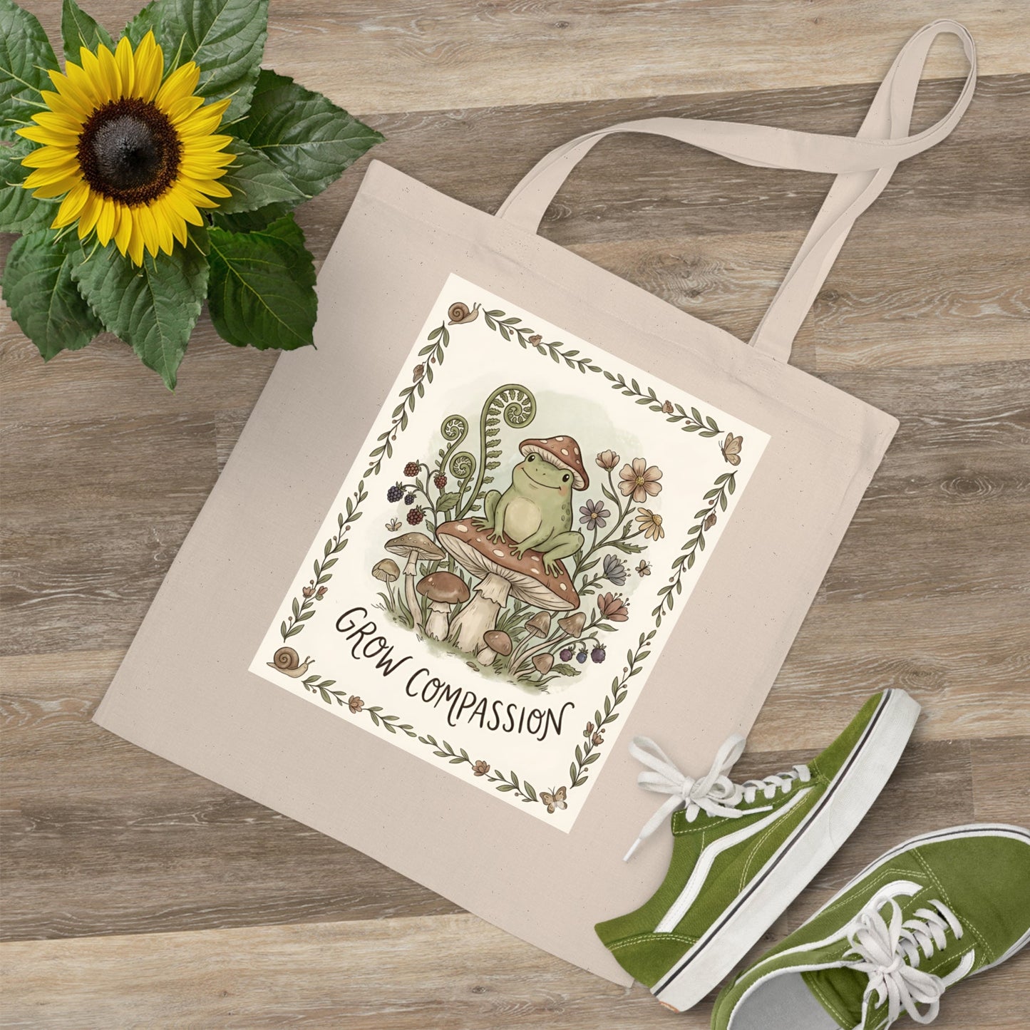 Grow Compassion Tote Bag — Whimsical Frog Mushroom Eco Shopper - PrintsyNook