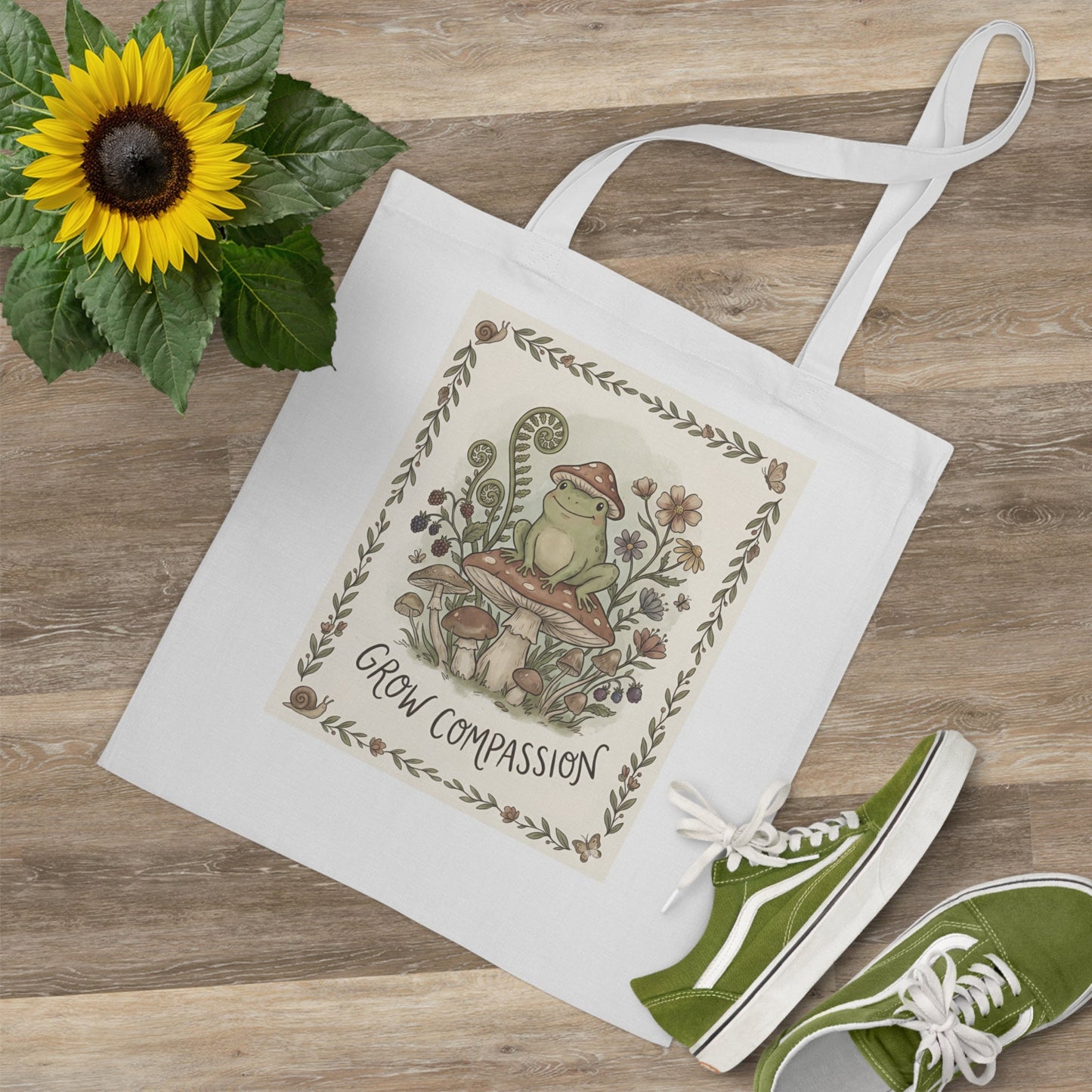 Grow Compassion Tote Bag — Whimsical Frog Mushroom Eco Shopper - PrintsyNook