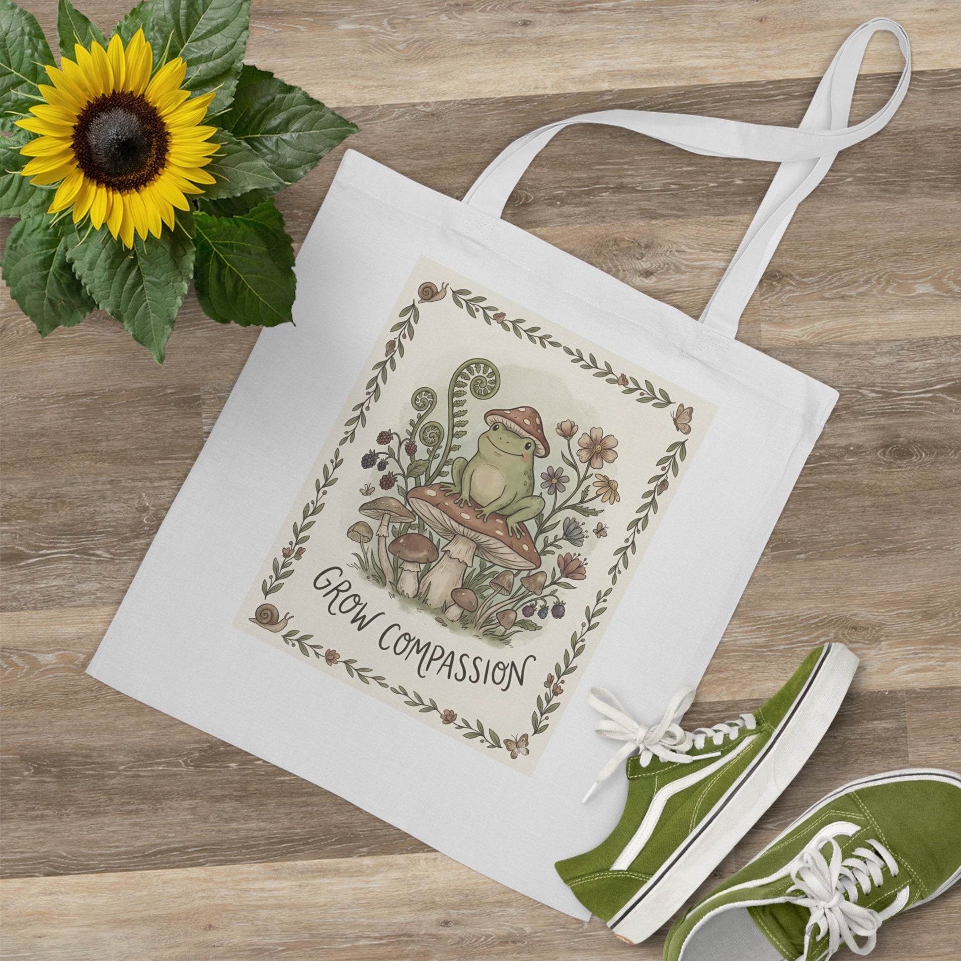 Grow Compassion Tote Bag — Whimsical Frog Mushroom Eco Shopper - PrintsyNook