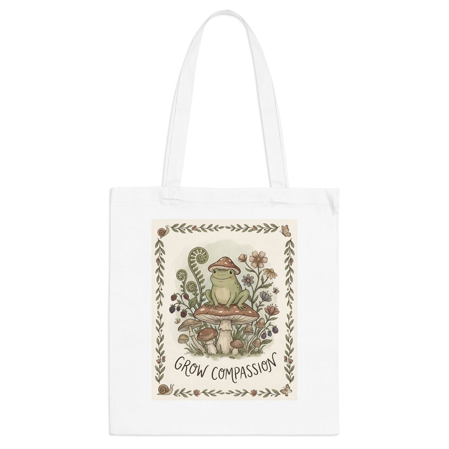 Grow Compassion Tote Bag — Whimsical Frog Mushroom Eco Shopper - PrintsyNook