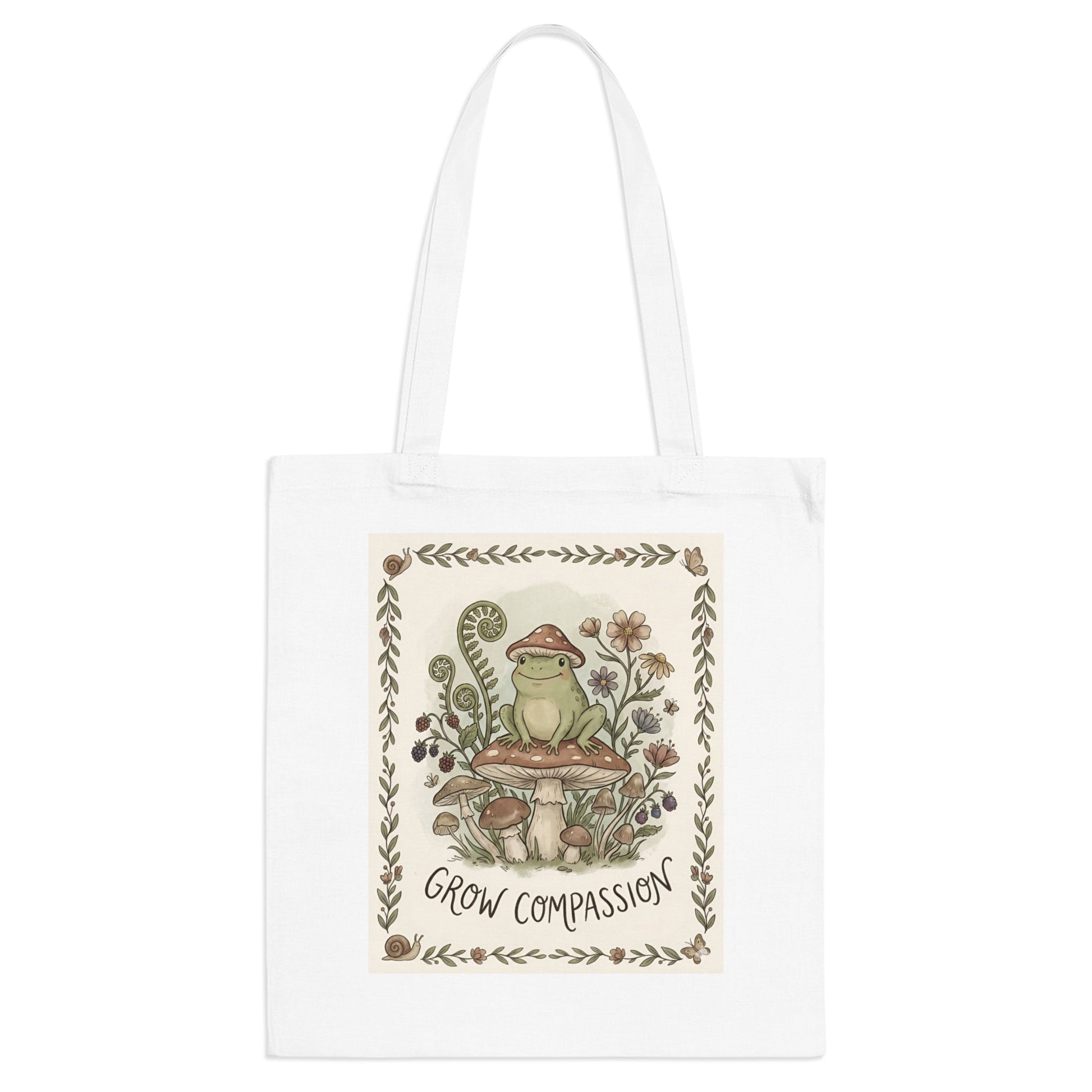 Grow Compassion Tote Bag — Whimsical Frog Mushroom Eco Shopper - PrintsyNook