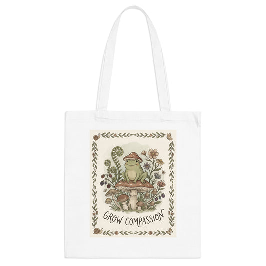 Grow Compassion Tote Bag — Whimsical Frog Mushroom Eco Shopper - PrintsyNook