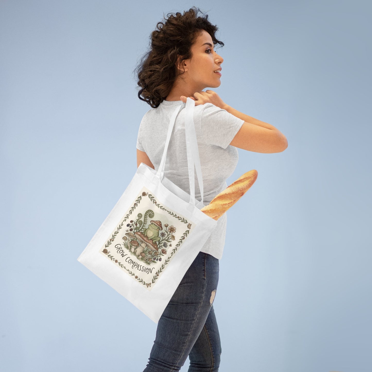Grow Compassion Tote Bag — Whimsical Frog Mushroom Eco Shopper - PrintsyNook