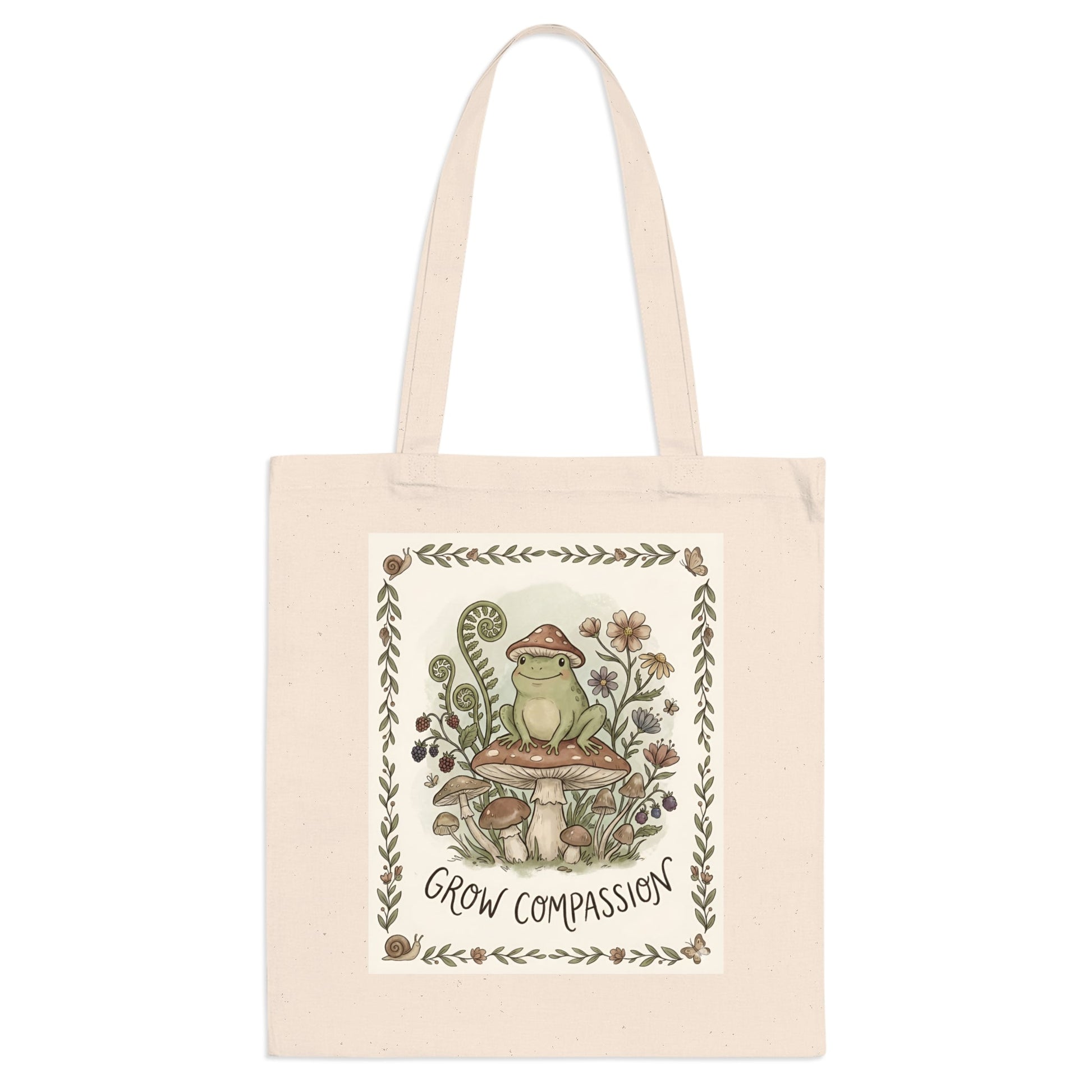 Grow Compassion Tote Bag — Whimsical Frog Mushroom Eco Shopper - PrintsyNook