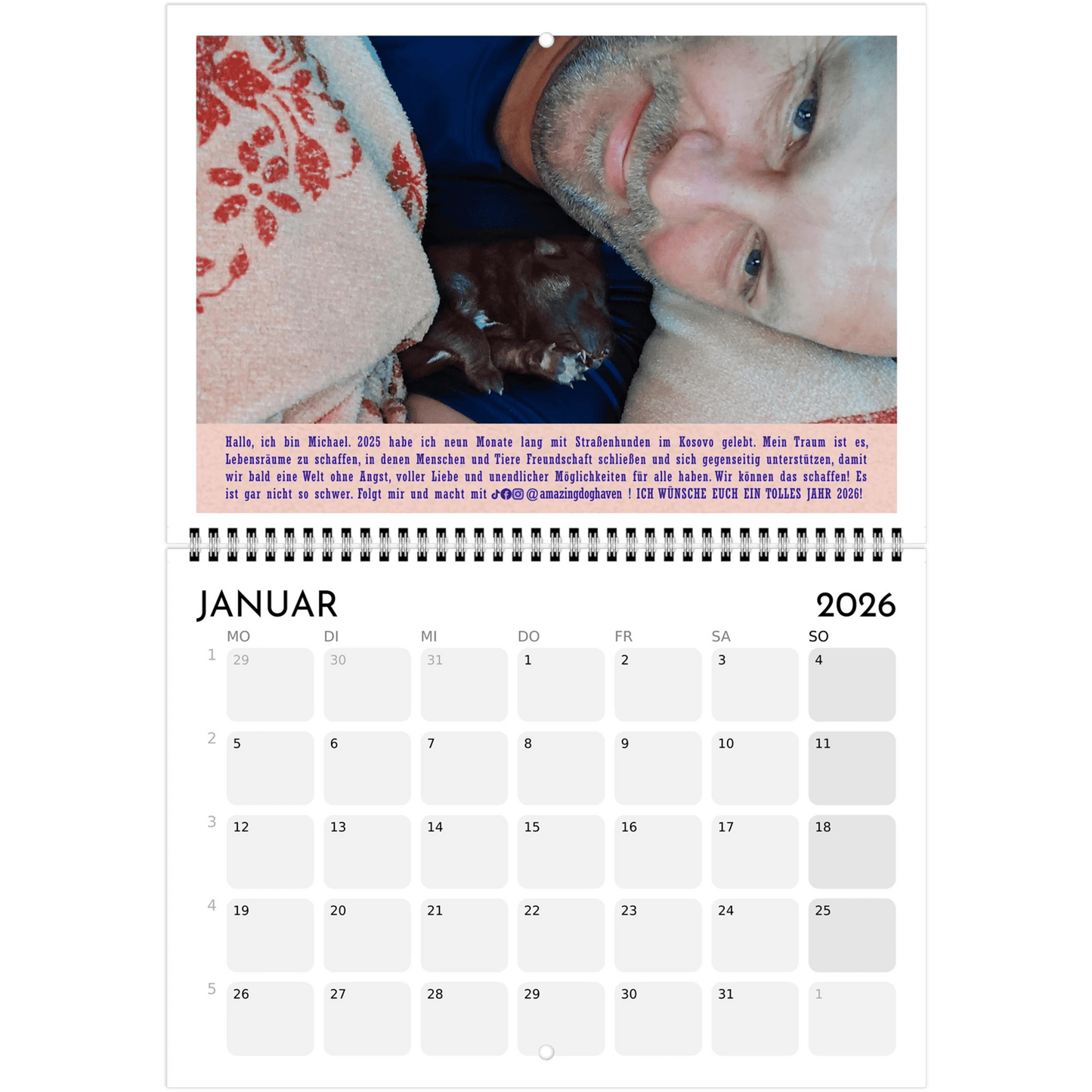 Kalender 2026 - A4 und aufgeklappt A3 - Leben mit Straßenhunden im Kosovo - PrintsyNook